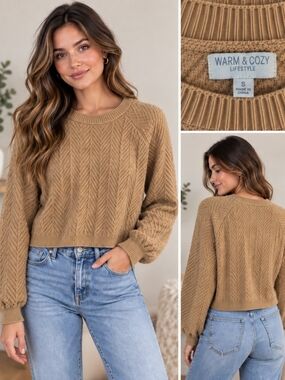 Warm & Cozy Lifestyle Camel Textured Knit Sweater Size Small